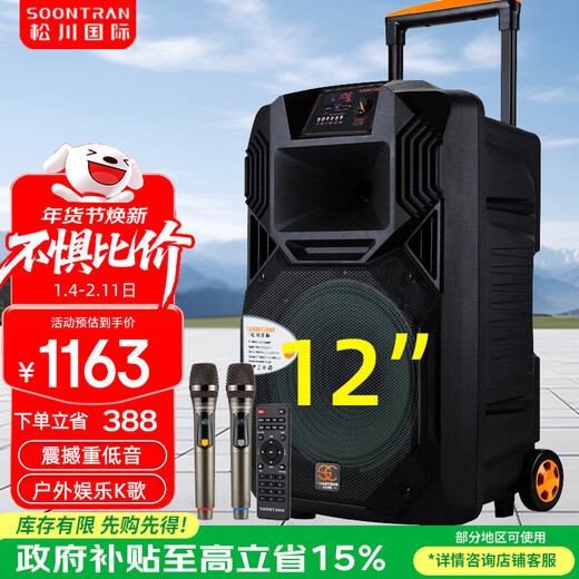 Songchuan International SS1 outdoor mobile high-power performance activities karaoke singing pull rod square dance audio wireless Bluetooth portable conference training expansion speech camping speaker 12-inch upgraded version (a pair of U-segment wireless microphones)