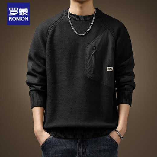 Romon Retro American Color Block Pocket Sweater Men's Autumn and Winter Thickened Loose Large Size Men's Knitwear Carbon Gray M