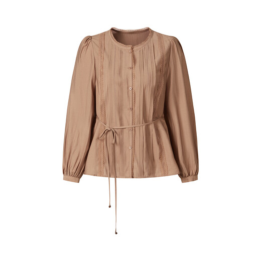 Jiuzi Annako retro elegant style lace round neck Tucker pleated long-sleeved shirt for women 2026 spring new coffee 2XL