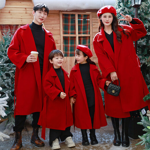 Mother-daughter parent-child outfit for a family of three, high-end lapel coat, Korean style sweet autumn and winter thickened fashionable red 100 cm for children and men