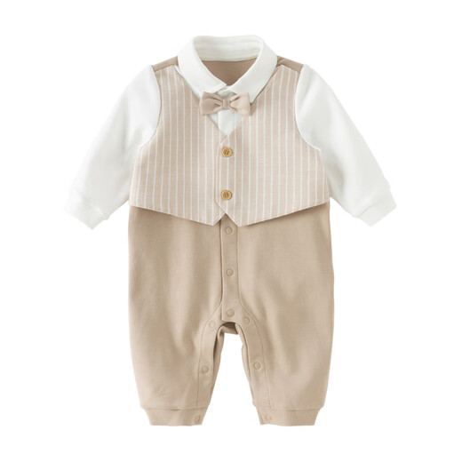 DAVE&BELLA newborn romper 2026 spring new baby boy onesie children's fake two-piece cotton baby pajamas khaki ready stock 59cm (recommended height 52-59cm)