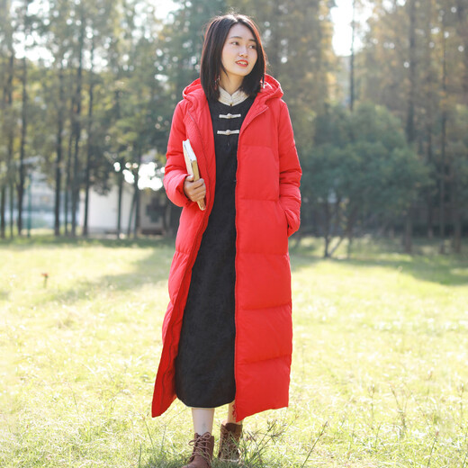 Chaos Jiangnan Solid Color Down Jacket Over Knee Long Winter New Women's White Duck Down Comfortable Warm Hooded Casual Jacket Red M