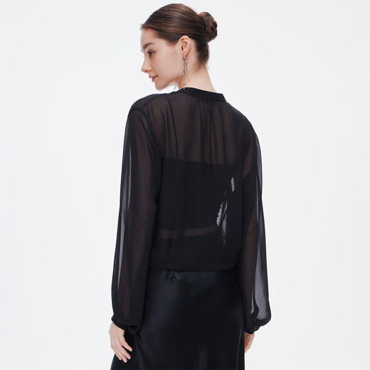 GIOVANNI VALENTINO long-sleeved casual round neck shirt for women elegant and fashionable transparent loose black jacket black S