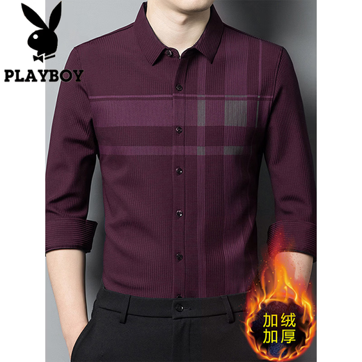 Playboy (PLAYBOY) camisa de manga larga para hombre cálida más terciopelo engrosamiento otoño e invierno nueva moda de negocios casual camisa a cuadros sin costuras sin planchar ZG22803 negro XL recomendado 135-150 Jin Jin equivale a 0,5 kg