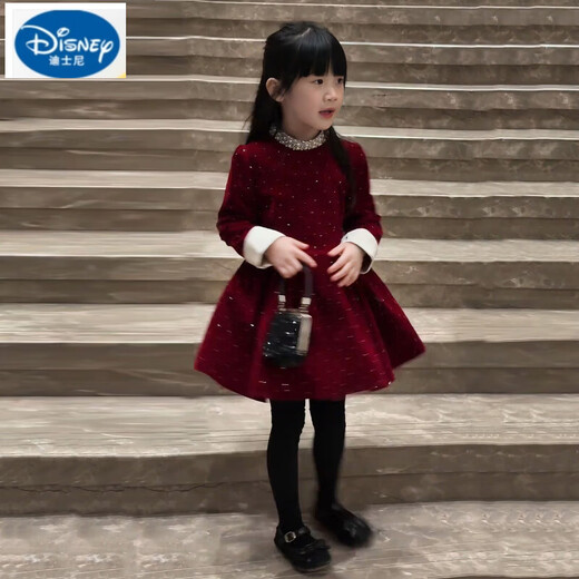 Disney (Disney) Girls Dress 2025 New Winter Clothes Children's Winter Velvet Thickened Western Style Little Girl Red Princess Dress Red 140 cm
