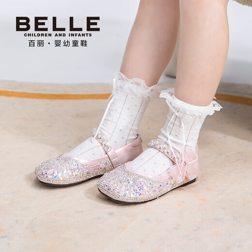 Belle Children's Shoes 26 Spring New Products Girls Crystal Bow Shoes Princess Shoes Female Baby Performance Shoes Baby Children's Leather Shoes Pink 31 Suitable for feet about 18.8-19.4cm long