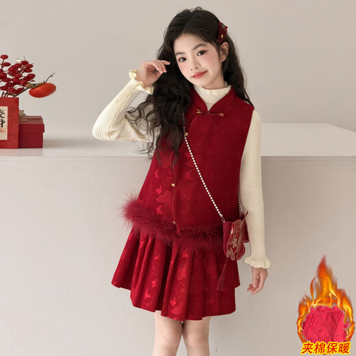 Disney Children's New Year Clothing Set Girls Chinese Style New Year and Winter Thickened Warm Red Bow Chinese Style Vest and Half Bottoming + Vest + Skirt + Bag Four-piece Set 120 cm