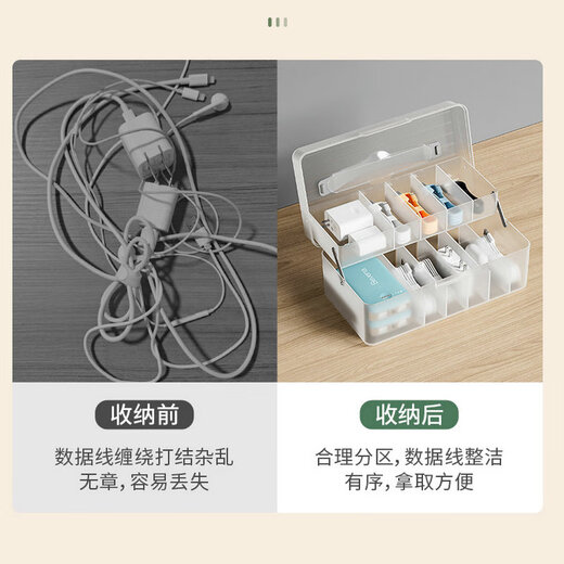 丽梵尔桌面数据线收纳神器手机充电器充电线分格整理耳机线电源线收纳盒 绿色