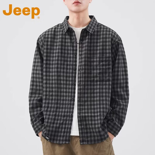 JEEP American retro casual shirt men's 2026 spring new plaid handsome trendy brand versatile fashion tops men's light gray official authentic XL recommended 140-160Jin Jin equals 0.5 kg