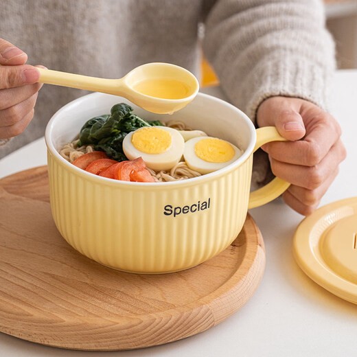 Tuojin German imported quality cream ceramic office worker lunch box lunch box with lid microwave household single handle 5.25 inches milky white_single bowl__vertical pattern_with handle