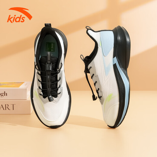 ANTA Children's Sports Shoes for Men and Older Children 2026 Spring and Autumn New Model Densified Mesh Breathable Shock-Absorbing Buckle One-Piece Running Shoes Papery White/Dust Blue/Silver 33 Foot Length 20.5cm