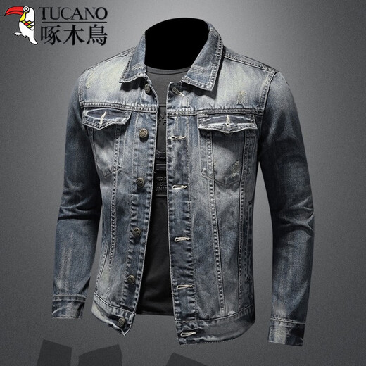 Дятел (TUCANO) Американская джинсовая куртка с маркировкой в ​​стиле ретро, ​​мужская корейская тонкая модная марка европейского и американского уличного ночного клуба, велосипедная мотоциклетная куртка, черная джинсовая куртка с двойным карманом XL