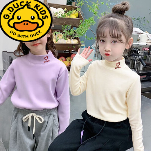 G.duck Little Yellow Duck Girls' Bottoming Shirt for Autumn and Winter for Big Girls with Half Turtle Collar and Western Style German Velvet Warm Top T-shirt Pink + White 100 (Recommended Height 85-95cm)