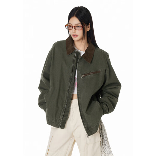 GROUND ZERO Couple Style Jacket Retro Style 90 White Duck Down Contrast Color Lapel Down Jacket Military Green M