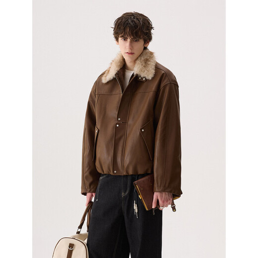 Xiaohongshu's popular CHICERRO Sicilian men's noble fur collar mink velvet lined leather jacket for boys brown XL