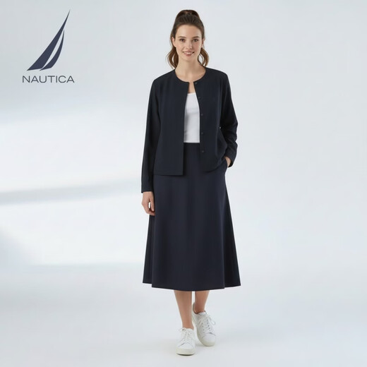 NAUTICA Women's 26th Spring New Arrival Lantern Sleeve Round Neck Long Sleeve Shirt Casual Cardigan Top 01WO26108WW Navy Blue 4NV L