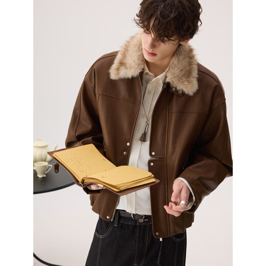 Xiaohongshu's popular CHICERRO Sicilian men's noble fur collar mink velvet lined leather jacket for boys brown XL