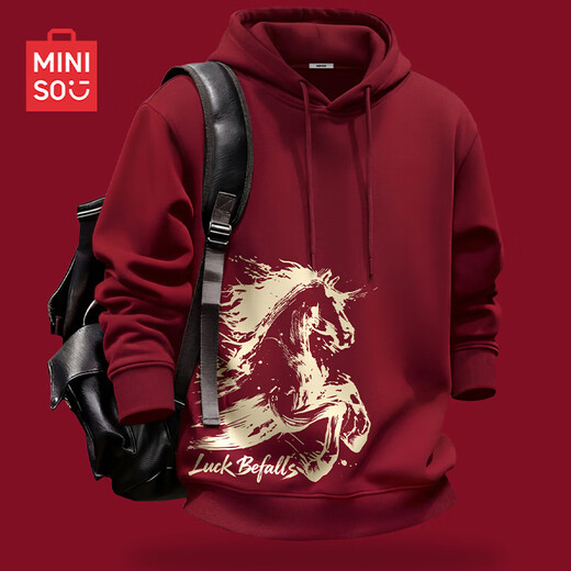 MINISO sweatshirt men's 2026 spring and autumn new style belongs to the horse zodiac long-sleeved boy's casual loose trendy horse year red clothes burgundy (mt large splash ink pegasus lower right) S/165 (strict quality control)