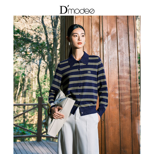 Daimashi Shopping Mall's same style 2026 spring new classic striped comfortable blended wool knitted cardigan for women, navy blue L