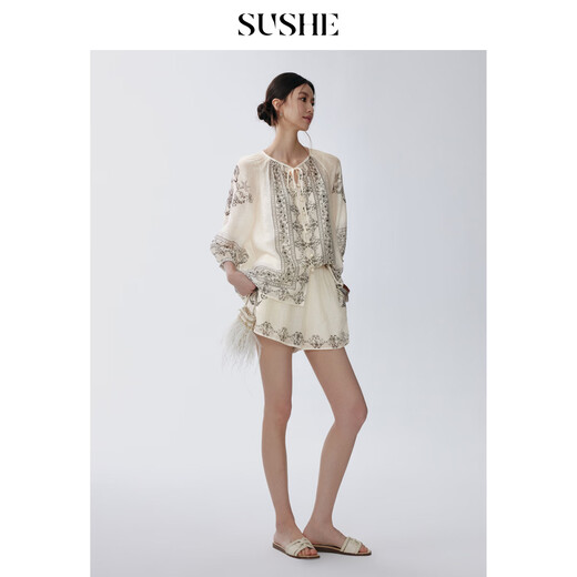 SUSHE Youli New Bohemian Style Tencel Linen Printed Top Elastic Waist Shorts Suit Women Dark Color-Top (comes with suspenders) L