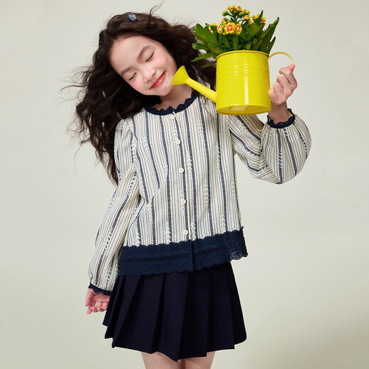 Princess Yuanyuan Retro Striped Shirt Girls' Lace Spliced Shirt Spring and Autumn Children's French Puff Sleeve Bottoming Top