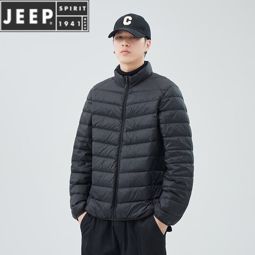 JEEP SPIRIT短款轻薄便携羽绒服男士2025冬季新款鸭绒立领保暖排骨内胆外套潮 黑色 M 适合90-110斤