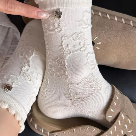 Modal Hello Kitty socks for women, lace pile socks, cartoon pendant cotton socks, cute spring and autumn mid-calf socks, 2 gray + 2 black, 4 pairs, one size fits all