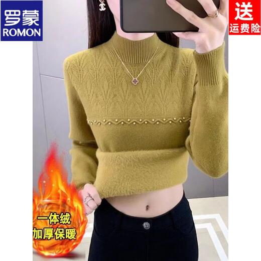 ROMON brand women's all-in-one velvet thickened bottoming sweater for women 26 autumn and winter new half turtleneck women's warm top black high quality quality assurance S recommended weight 90Jin Jin equals 0.5kg -105Jin Jin equals 0.5kg