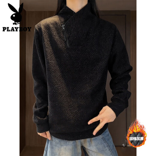 Playboy (PLAYBOY) chenille velvet thickened heavyweight sweatshirt men's American diagonal zipper stand collar herringbone pattern bottoming shirt long-sleeved T-shirt white velvet M