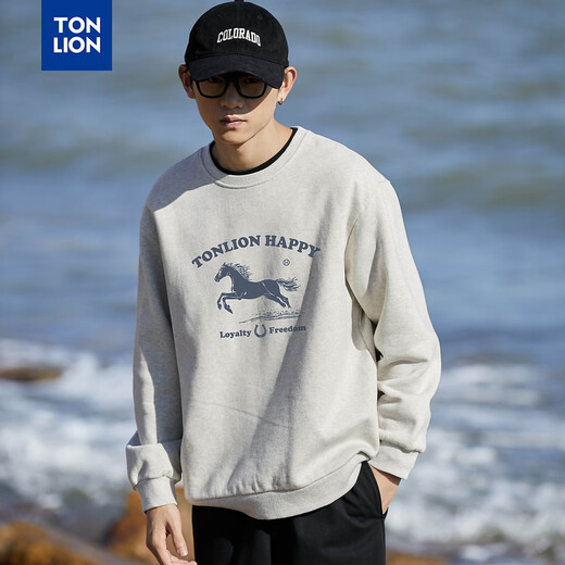TonLion 2026 Spring Men's Front Chest Letter Horse Graphic and Text Printed Round Neck Sweatshirt Gray 2XL