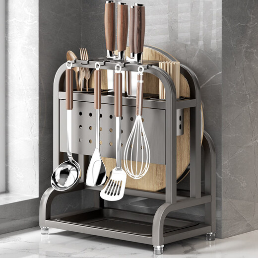 Tuojin gun gray kitchen chopping board storage rack knife holder pot lid knife spoon integrated storage rack countertop chopsticks and cutting board placement rack gun gray simple thickened stainless steel medium size (double chopstick barrel + chopping board holder + knife holder)