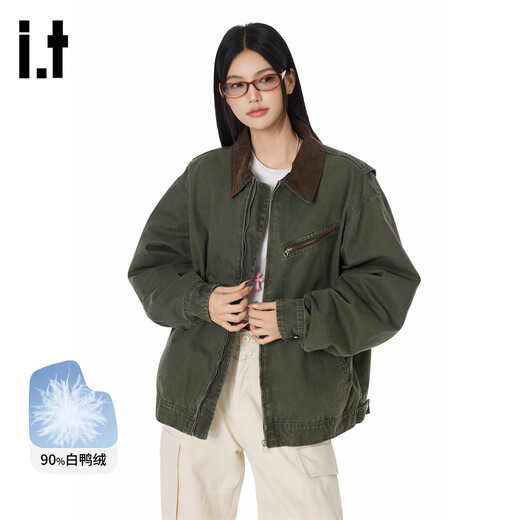 GROUND ZERO Couple Style Jacket Retro Style 90 White Duck Down Contrast Color Lapel Down Jacket Military Green M