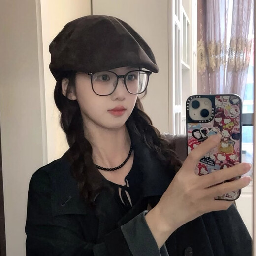 U&MUDI Japanese retro suede brown progressive hat for women with big head circumference and face, small literary and artistic versatile reverse beret hat trendy black one size (55-59cm)