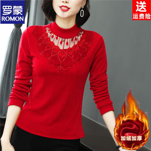 ROMON (ROMON) velvet bottoming shirt for women, spring, autumn and winter new style, half turtleneck mesh shirt, lace mother top, black, velvet style, L recommendation: 98-110Jin Jin is equal to 0.5 kg