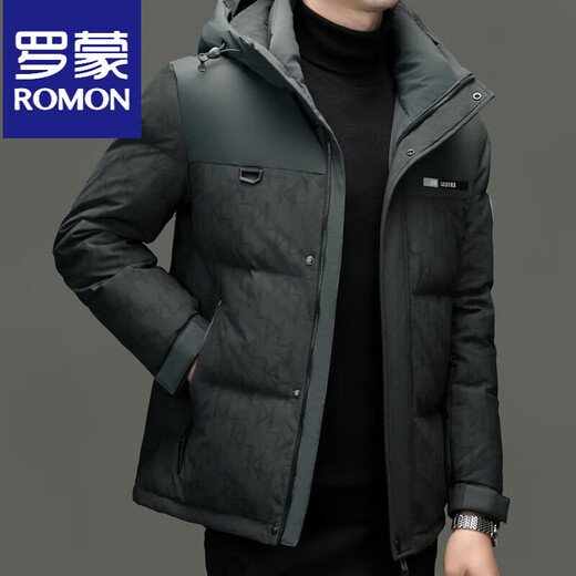 ROMON high-end down jacket men's 2025 winter hooded cold-proof white duck down jacket short warm fashion thickened jacket black S 165