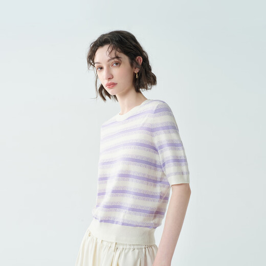 EIN Twilight Stripes EIN Yan Literary Round Neck Twilight Vine Purple Mid-Sleeve Sweater Top 2026 Early Spring New Style Light Purple S