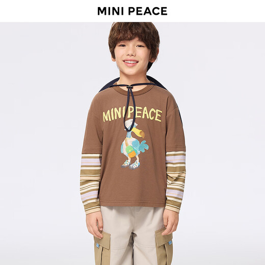 MiniPeace counter same sports series PEACEBIRD children's clothing boys' long-sleeved T-shirt fake two-piece spring clothes partridge brown 110