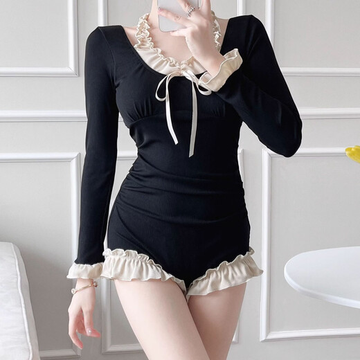 Shimmer Swimsuit Women's 2025 New Black Long Sleeve Sunscreen Pure Desire Conservative Slim Belly Covering Student Swimming Vacation Hot Spring Black One Size Recommended 80-120 Jin Jin is equal to 0.5 kg