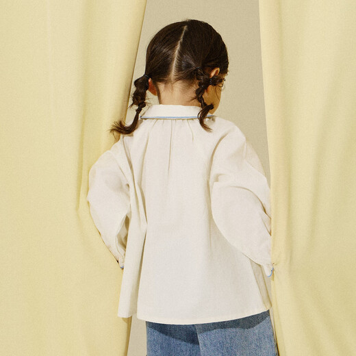 Papa climbing spring girls' shirt long-sleeved lapel pure cotton design western sweet shirt off-white 90