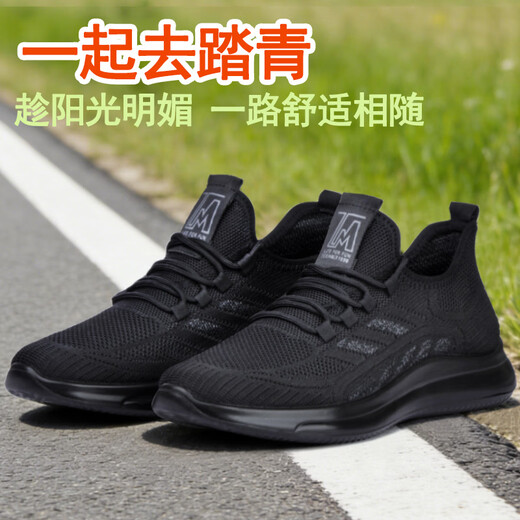 梦兮 春秋款休闲运动鞋子男 夏季轻便透气飞织鞋软底网面工作黑单鞋潮 A03-6630 黑 42