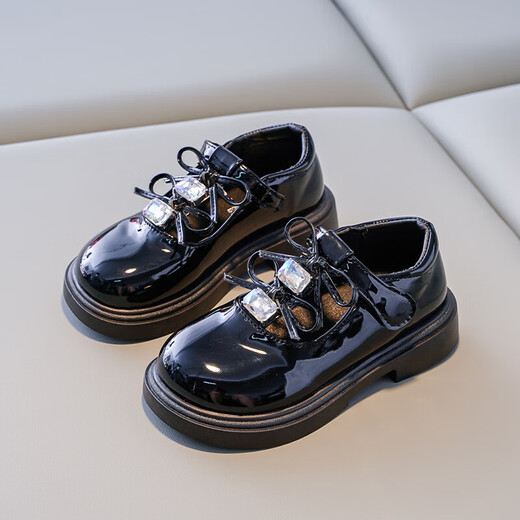 Girls' Leather Shoes 2026 Spring New Children's Princess Shoes Square Diamond Korean Style British Style Bow Soft Sole Shoes Trendy Black 31