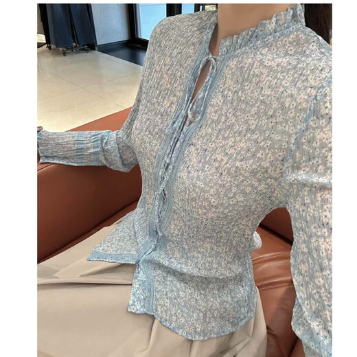 GIRDEAR 26 early spring Korean style women's new floral pleated texture floral print shirt 130156 light blue (2A88272) M (3)