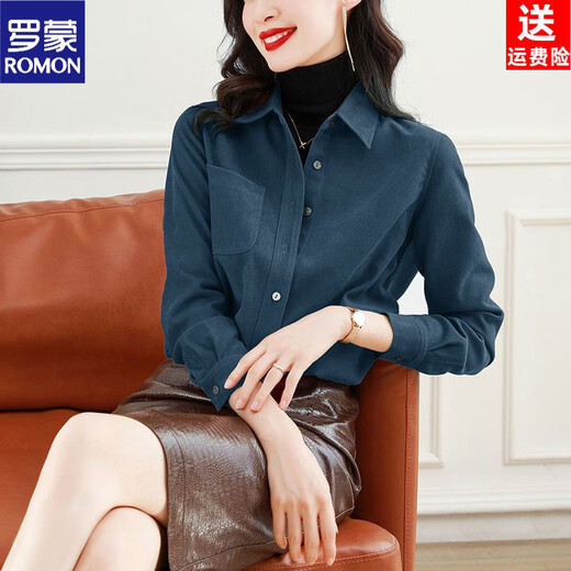 ROMON fashionable velvet brushed shirt for women 2026 autumn and winter new thickened long-sleeved bottoming all-match shirt commuting top black brushed S 80Jin Jin equals 0.5kg to 100Jin Jin equals 0.5kg
