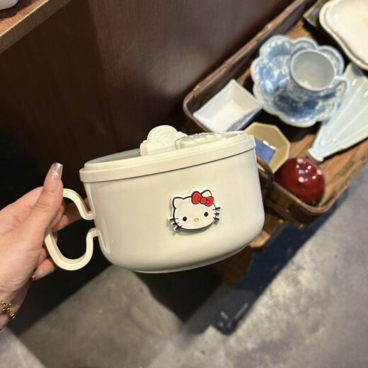 Shengxia KT stainless steel 304 instant noodle bowl with lid canteen large capacity ins Japanese drainable student instant noodle bowl lunch box (304 steel liner) key white + 2D stroke kt cat 1300m