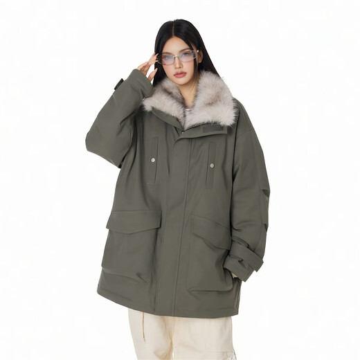 GROUND ZERO inner plush design American retro couple style 90 white duck down down jacket military green M