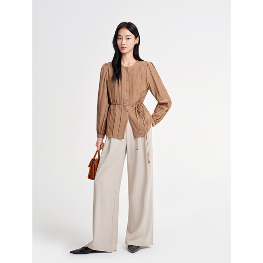 Jiuzi Annako retro elegant style lace round neck Tucker pleated long-sleeved shirt for women 2026 spring new coffee 2XL