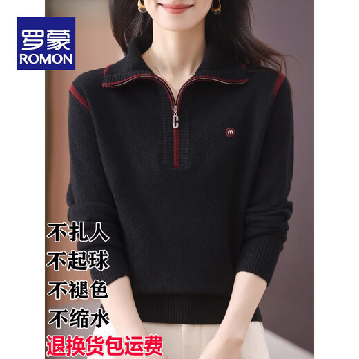 ROMON high-end woolen sweater for women, half-zip lapel sweater, autumn and winter style, loose and thickened, foreign style base sweater, 100% pure wool - dark gray - Puyuan woolen sweater S, suitable for 40-45 kg