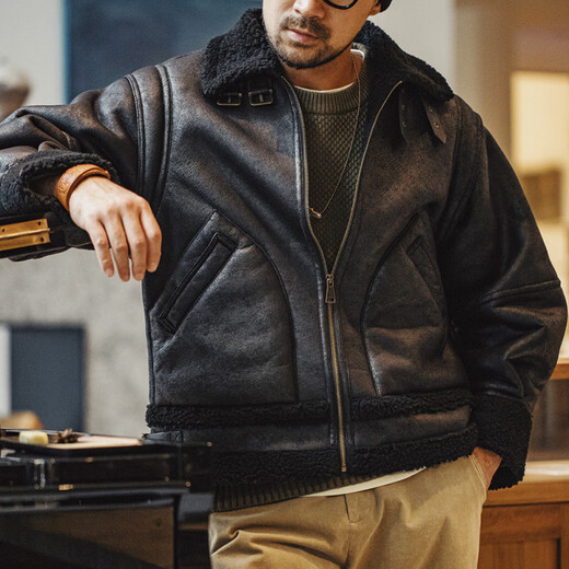 MADEN workwear American retro B3 bomber leather jacket fur one-piece plus velvet motorcycle suede jacket men's winter brown S