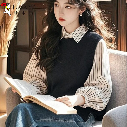 The popular style of Woodpecker (TUCANO) this year is good-looking, unique, beautiful, fashionable and old-looking white striped fake two-piece shirt 5198-black style. Collection, purchase and priority delivery. S Recommendation: 80-95Jin Jin is equal to 0.5kg