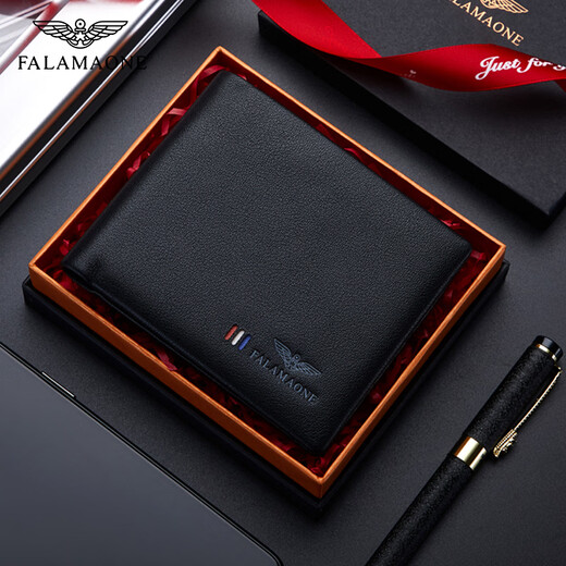 FALAMAONE Men's Wallet Men's Short Genuine Leather High-end Wallet Valentine's Day Light Luxury Leather Wallet Birthday Gift for Boyfriend and Husband Black (Counter Gift Box)